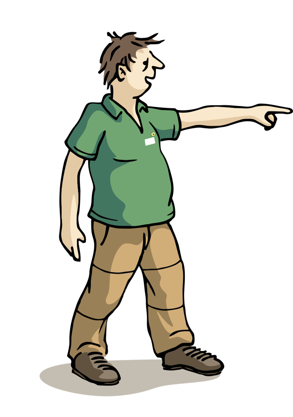 A man in a polo shirt and checked trousers points to the right.