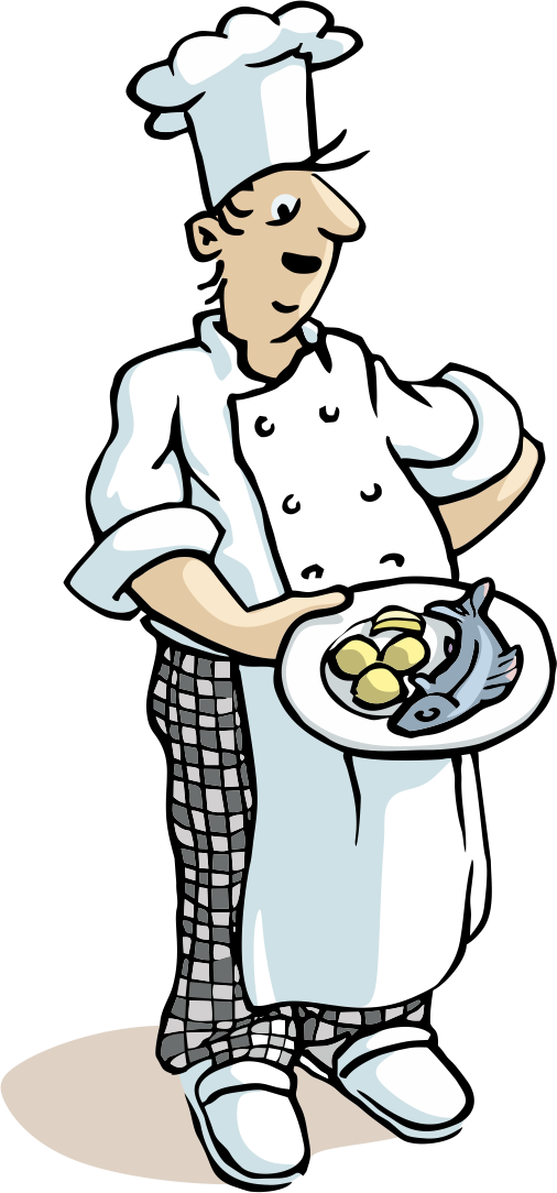 Illustration cook with fish dish on plate - carp with potatoes